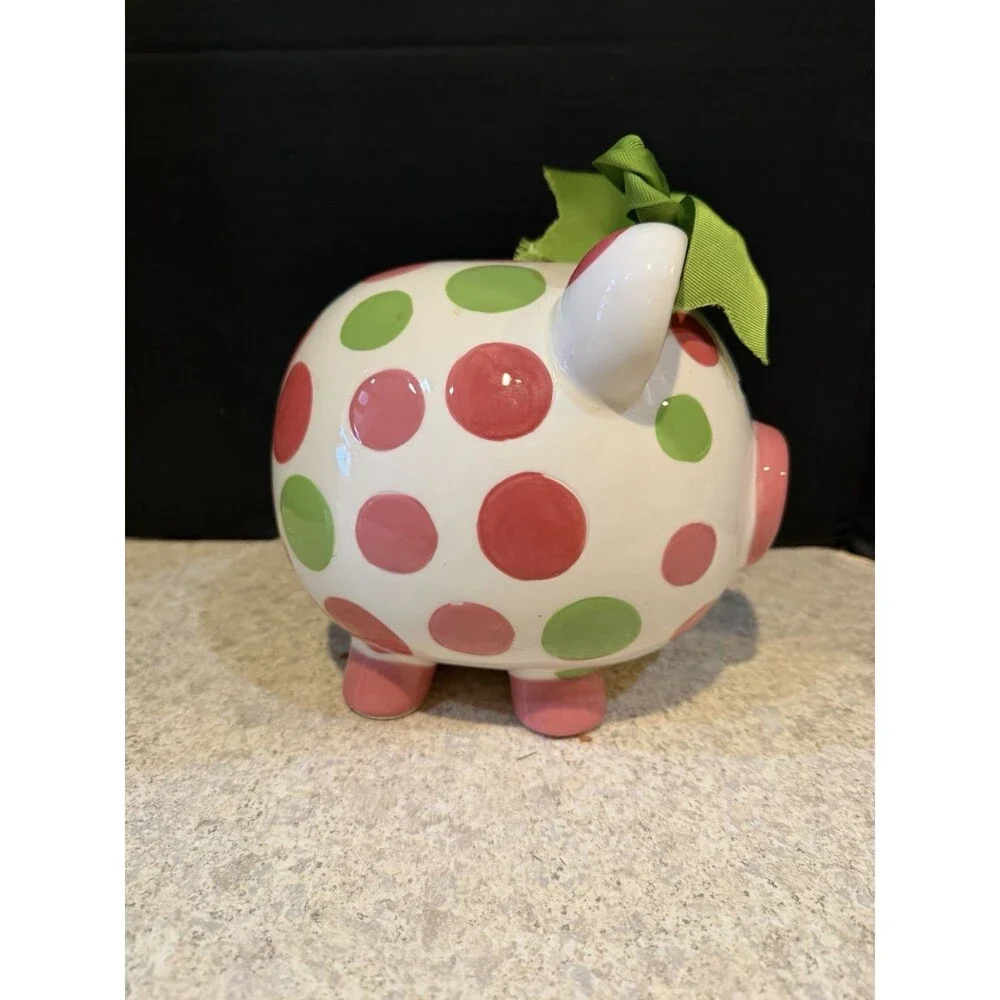 Burton + Burton Classic Circles Ceramic Piggy Bank Pink Green Dots 2009